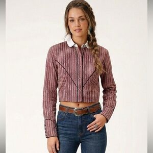 Vintage Wrangler Western Red Cotton Button Front Cropped Shirt